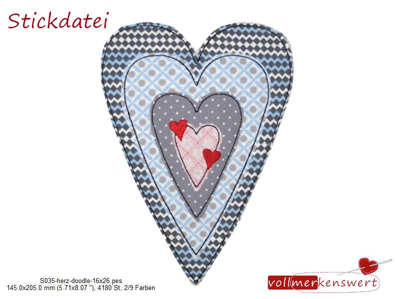 Stickdatei Herz mit Herzen als Doodle-Applikation für den 16x26 cm Stickrahmen S035